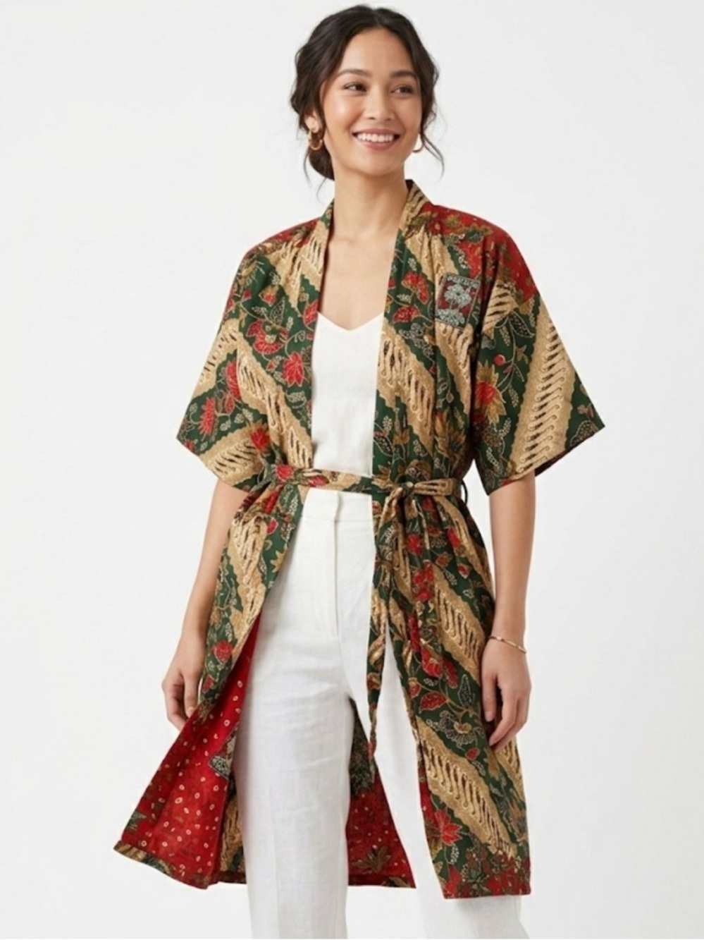 Vintage Pokok Kelapa Indonesian Cotton Batik Kimono Robe No. 2080 - Red & Green